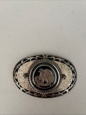 Vintage Western American Eagle Oval Belt Buckle - Made in USA Silver Tone & Blac